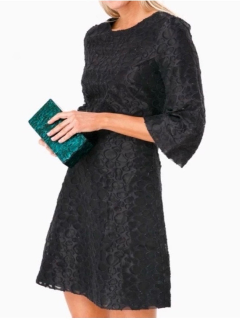 Avon Lane Tuckernuck Eva Black Dress Textured Jacquard Bell Sleeves Size Small